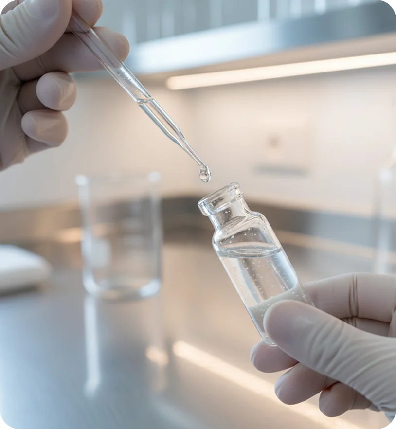 Illustrative photo of a gloved pharmacy professional handling a sterile vial