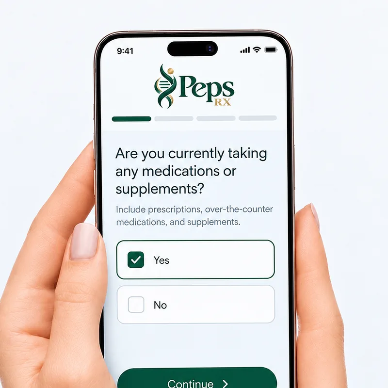 Hands holding a phone displaying the Peps RX health assessment
