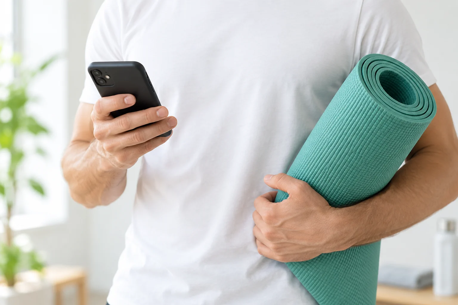 Person holding a phone and exercise mat while completing a health assessment